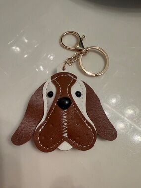 Dog Face Keychain Charm - Brown and White Faux Leather